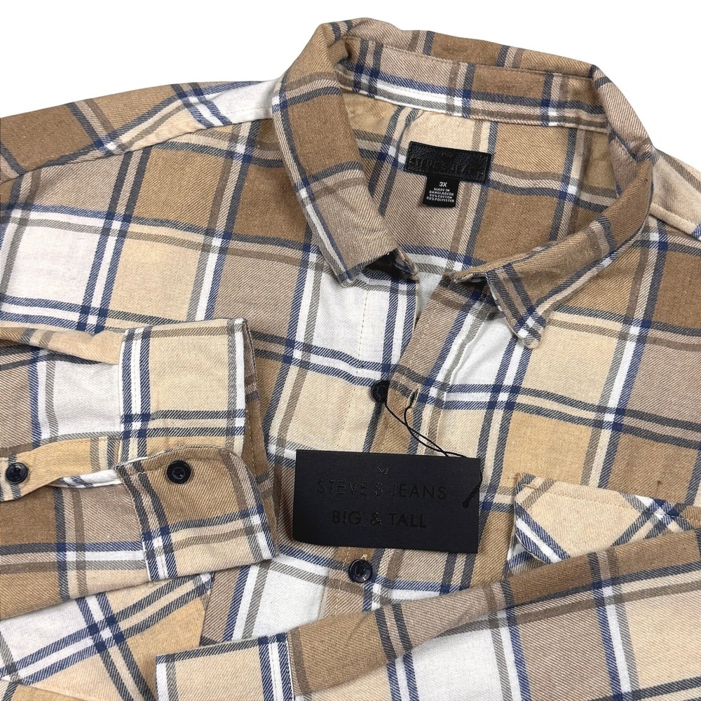 NWT STEVE'S JEANS Plaid Flannel Button‎ Down Shirt Men's 3X Tan Blue White